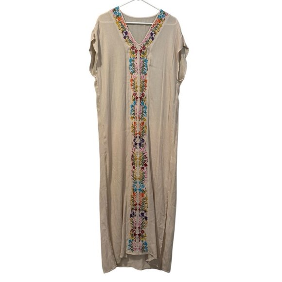 Womens Cream Floral Embroidered Beach Boho Swim Cover Up Dress Cottagecore Rayon - Picture 1 of 10